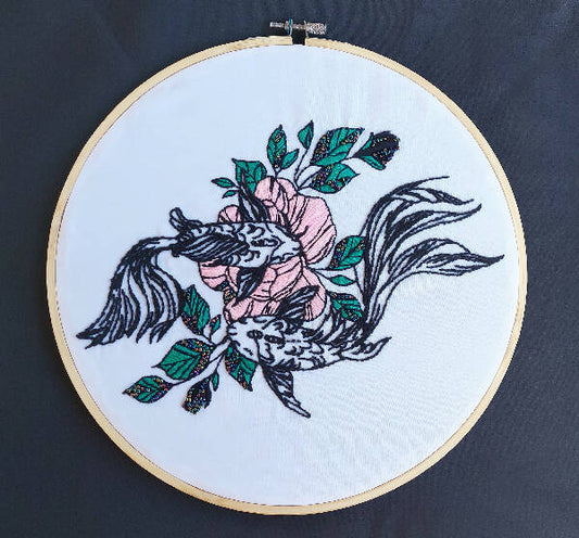 Divine Threads Handmade Koi Fish Embroidery Hoop Art / 27 cm