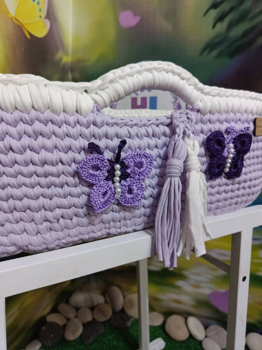 HJ Handmade Lilac Baby Basket With butterflies Size 70*35cm And With Wooden Rocker Stand
