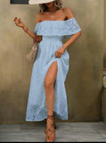 Fashion Beauty Style 7 Off Shoulders Split Thigh Women Dress Available In Two Colors White And Blue