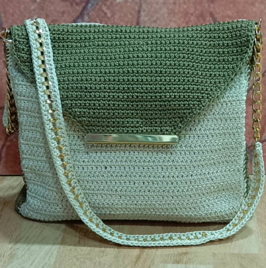 Halartizian Handmade Crochet Ivory Green Bag