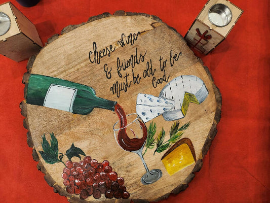 ArtVibes Hand Painted Wood Cheese And Wine Plate (per Piece)