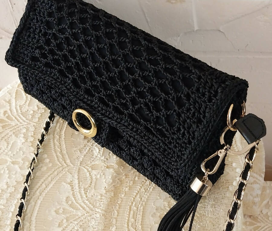 Magic of Crochet Black Handbag Handmade Crochet Length 28cm Width 20 cm