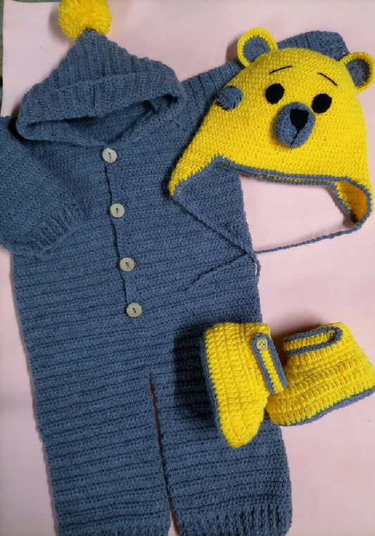 Classy Handmade Touch Crochet Winter Baby Overall Set(3 pcs)