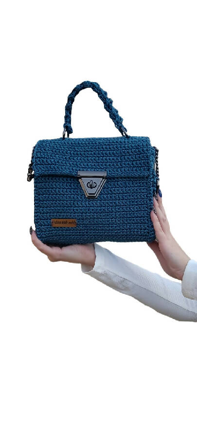 Fashion Stitch Women's Turkuaz Classy Basket Crochet Hand Bag For Ladies