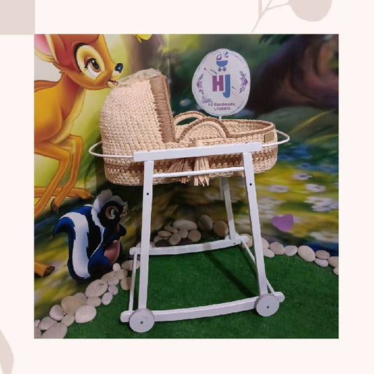 HJ Handmade Baby Light Brown Color Basket With Wooden Rocker Stand And With Mattress And Pillow