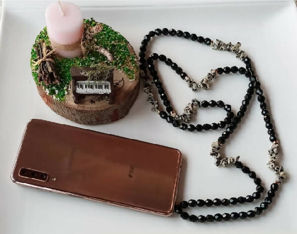 Handmade by Faten Black Crystal Phone Strap