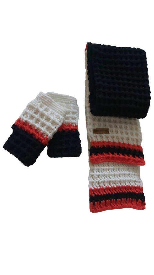 Fashion Stitch Women's Black & White Wool Crochet Scarf & Gloves Set For Ladies