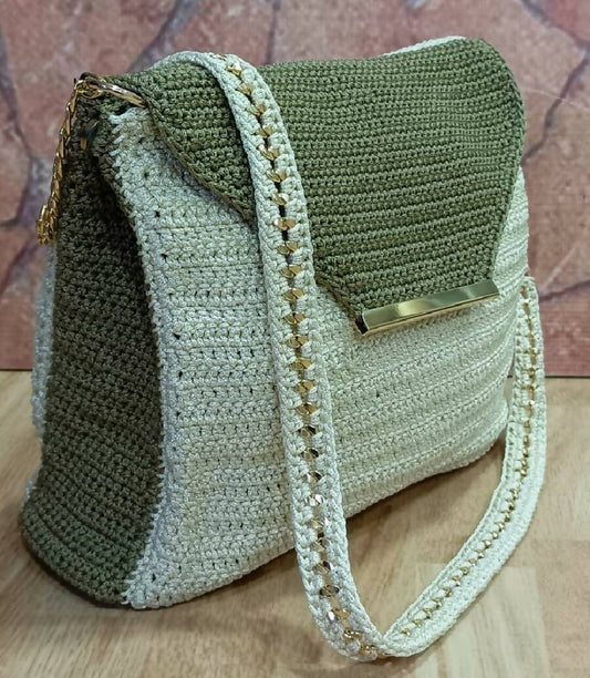 Halartizian Handmade Crochet Ivory Green Bag