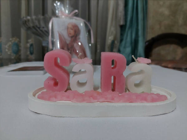 Candle Souvenir Handmade Candle of Names Pink and White Length 18cm Width 8cm