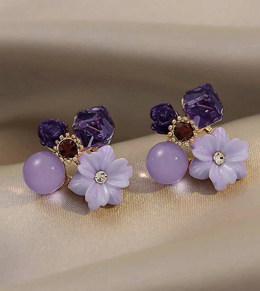 Oh La La Express Women Earrings Rhinestones & Flower Purple Design 1pair
