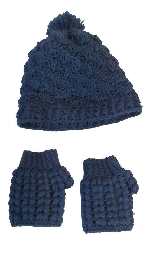 Fashion Stitch Girl's Navy Blue Wool Crochet Hat & Gloves Set For Girls Between 8 & 15 Years Old