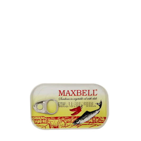 Maxbell Sardines in vegetable oil with chilli 250 g ماكسبيل سردين مطبوخ بالزيت النباتي مع الفلفل الحار