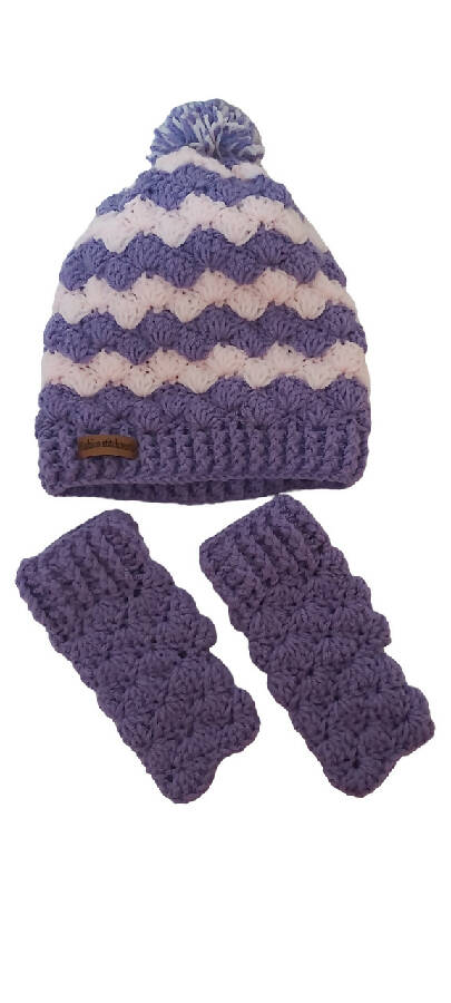 Fashion Stitch Purple Wool Crochet Hat & Gloves Set For Girls Between 8 & 15 Years Old