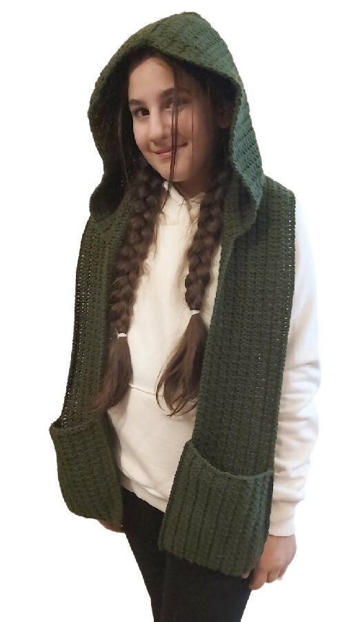 Fashion Stitch Women's Olive Green Wool Crochet Cozy Hooded Suits Ladies & Girls Over 10 Years Old